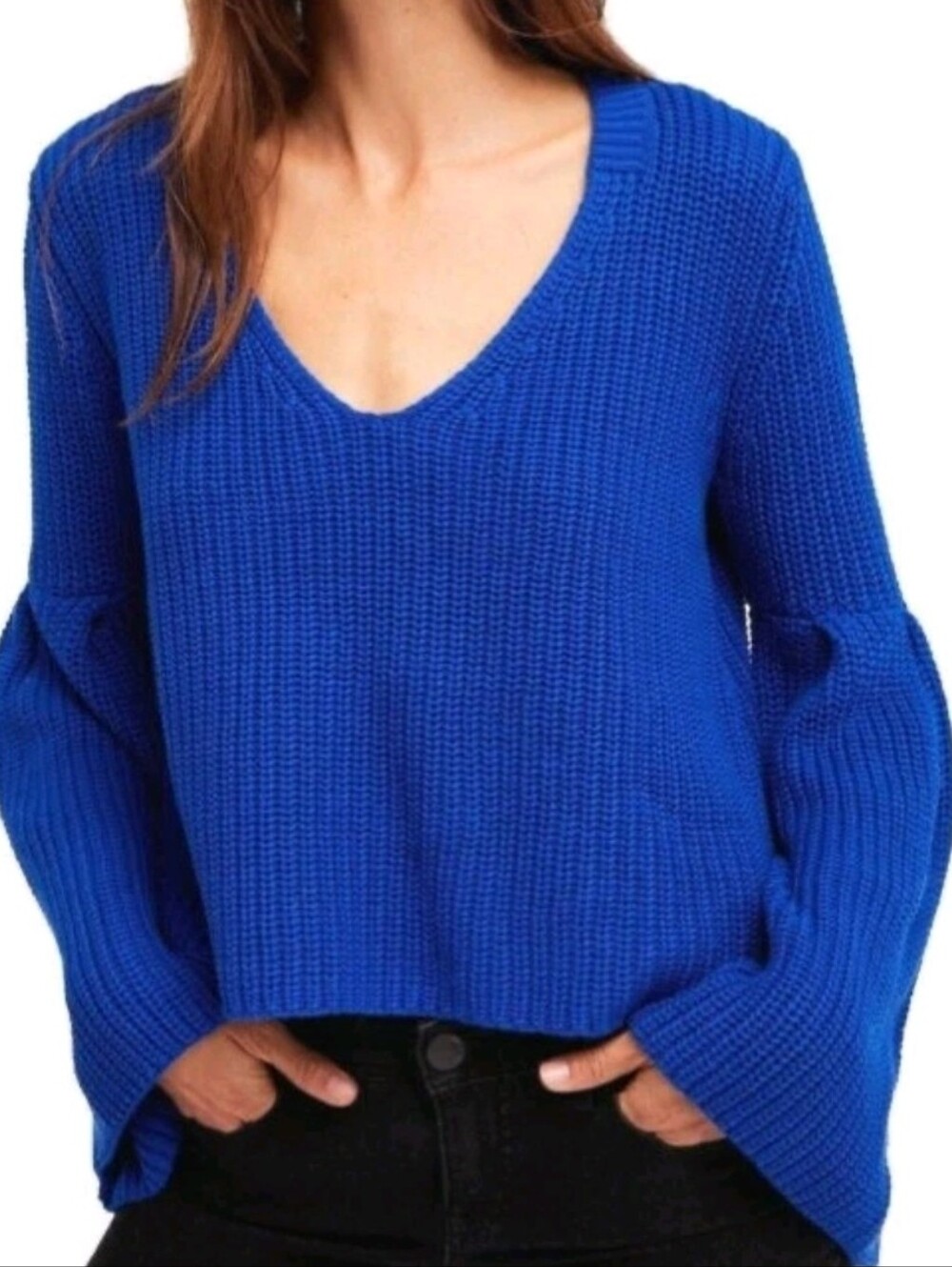 Free People Cobalt Blue Sweetheart Chunky Ribbed V-Neck Sweater M Oversized